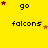 Yellow background with 'go' and 'falcons' text in black pixelated font, surrounded by red and yellow stars in various positions