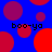 Blue background with red and purple circles; four instances of 'boo-ya' text; red and purple circles shift positions between frames.