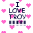 Pixelated icon with 'I LOVE TROY' text surrounded by pink hearts and horizontal lines on white background.