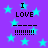 Purple background with cyan stars and repeated text "I LOVE" in black pixelated font, each followed by a dashed line and exclamation marks.