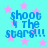 Pixelated blue text 'shoot the stars!!!' on cyan background with pink stars, four identical copies arranged in a