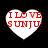 Four heart-shaped icons with red text "I LOVE S UNJU!" on white backgrounds against black, showing pixelation differences between top-left and bottom-right.