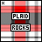 Two side-by-side pixel art with red, gray, and white plaid backgrounds; each contains "PLAID" and "ROCKS" text in black-and-white pixelated boxes