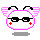 Four pixel-art frames of a round white character with pink outline, black glasses, red cheeks, and changing pink wing-like ears on gray background.