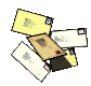 Animated sequence showing a brown envelope opening to reveal a white card with red 'Hello' text, surrounded by scattered yellow and white envelopes with stamps.