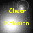 Yellow text 'Cheer' and 'Xplosion' on a grayscale background with a bright central light effect, showing animation changes across four views.