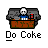 Pixel art of a skull in a blue shirt behind a brown counter with red objects, labeled "Do Coke" with showing speech bubbles