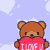 Pixelated brown teddy bear with red heart-shaped props and floating hearts on light purple background.