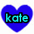 Blue heart-shaped icon with cyan text 'kate' in pixelated font, black outline, and white background.
