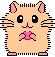 Four pixelated hamster icons arranged in a , each with light brown fur, pink inner ears, and black eyes, showing variations in mouth and hand positions