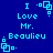 Blue background with cyan pixelated text reading "I Love Mr. Beaulieu" and small square symbols in four corners.