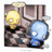Pixelated image of two cartoon characters with yellow and blue heads, one holding a blue object, against a brown background with text elements.