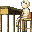 Pixelated figure with light skin and white hair sits at a desk, repeating in a pattern across a gray background