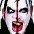 Pixelated static image of a stylized face with exaggerated features and split-color makeup, likely from an animated character or mascot.