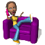A cartoon character sits on a purple couch, holding a pink phone to their ear, with legs crossed and feet up, in a of repeated poses