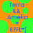 Pixelated text and symbols on an orange background with green circles, showing 'Terra', 'Amelia', and 'BFFL=]' in blue and brown.