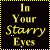 four and four displays the phrase "In Your Starry Eyes" with alternating yellow and blue text on a black background, bordered by dotted lines