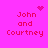 Pixelated text 'John and Courtney' on bright pink background with animated heart and starburst symbols.