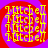 Yellow text spelling 'Mitchell' repeats in a spiral pattern on a purple and red background, with visible pixelation across all four quadrants.