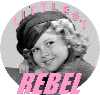 Circular grayscale portrait of a smiling child with curly hair and headband, surrounded by pink text "LITTLEST" above and "REBEL" below.