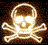 Pixelated skull and crossbones icon with glowing white highlights on a dark brown background.