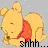 Yellow cartoon bear in red shirt with closed eyes and green mouth, repeated across with 'shhh...' text below each instance on gray background