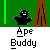 Pixelated black ape figure with white eyes and mouth, arms outstretched, positioned left of brown tree trunk on green background, labeled 'Ape Buddy' below.