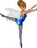 Pixelated fairy figure in blue dress with white wings, performing ballet pose against gray background.