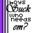 A 48x48 pixel animated buddy icon featuring a static text-based design with two identical frames showing the phrase "boys who needs em?" in black blocky font on white background, bordered by vertical purple and gray stripes.