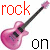 Pixelated pink acoustic guitar with black neck and headstock, positioned diagonally across white background beneath red 'rock' text on left and black 'rock' text on right.