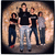 A contact sheet of two animated frames showing a group photo of five people against a circular light background, next to pixelated text reading "brand new" on black.
