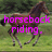 A horse in mid-gallop across a grassy field with trees, overlaid with pink text reading 'horseback riding. it is a sport'.