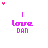 Pixelated text 'love DAN' in pink and purple with a vertical line above, surrounded by small red heart shapes on white background.