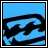 Animated blue background icon with black stylized wave symbol and changing text above it.