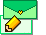 Animated contact sheet of a green envelope icon with yellow heart and pencil, showing text progression from empty to 'Mail' across five frames.