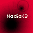 Red background with four black circular shapes and white text reading 'Nadia<3' in pixelated font.