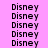 repeating 'Disney' text in black pixelated font on a pink background with scattered bright pink rectangular overlays