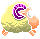 Pixelated yellow bird with purple spiral head, orange beak and feet, green underbelly on gray background showing four sequential poses.