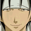 Anime-style character face with light skin, black hair tied back, and a white headband; expression shifts from neutral to smiling across frames.