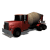 Red cement truck with beige mixer drum, black wheels and windows, gray front bumper on white background.