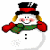 Animated snowman with red mittens, green scarf, black top hat with red band, and three black buttons on torso.
