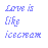 Pixelated text and heart symbols in blue and pink on white background with gray rectangle.