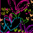 Pixelated abstract composition of swirling magenta, cyan, green, and yellow shapes against a black background with scattered orange accents.