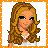 Pixelated icon of a woman with long wavy brown hair, green eyes, and light skin wearing white top against orange border.
