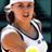 Pixelated static image of a tennis player in mid-action wearing white headband and sleeveless shirt with yellow logo, holding tennis racket against dark background.