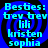 Blue spiral background with cyan text listing 'Besties: bev bev lili kristen sophia' in four identical quadrants.