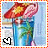 Animated contact sheet showing three frames of a pixelated drink icon with flamingo and heart elements in blue glass, red-and-yellow umbrella, green palm fronds, and black/peach hearts.