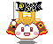 Pixel art character with white face, brown eyes, pink cheeks, and red-and-yellow floral headpiece holding black flag with yellow symbol.