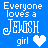 Blue background with repeated text "Everyone loves a JEGSH girl" and white heart symbols, varying in color and position