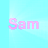 Four identical pixelated pink 'Sam' text icons on a light blue background with subtle white radial glows, arranged in a
